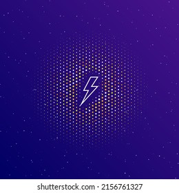 A large white contour lightning symbol in the center, surrounded by small dots. Dots of different colors in the shape of a ball. Vector illustration on dark blue gradient background with stars