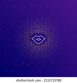 A large white contour lips symbol in the center, surrounded by small dots. Dots of different colors in the shape of a ball. Vector illustration on dark blue gradient background with stars