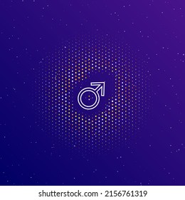 A large white contour mars symbol in the center, surrounded by small dots. Dots of different colors in the shape of a ball. Vector illustration on dark blue gradient background with stars