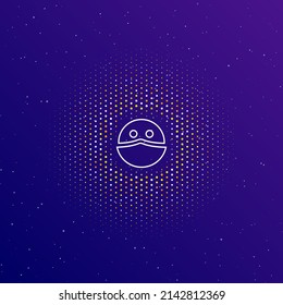 A large white contour masked face symbol in the center, surrounded by small dots. Dots of different colors in the shape of a ball. Vector illustration on dark blue gradient background with stars
