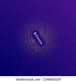 A large white contour metal nail symbol in the center  surrounded by small dots  Dots different colors in the shape ball  Vector illustration dark blue gradient background and stars