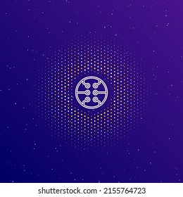 A large white contour microcircuit symbol in the center, surrounded by small dots. Dots of different colors in the shape of a ball. Vector illustration on dark blue gradient background with stars