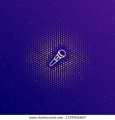 A large white contour microphone symbol in the center, surrounded by small dots. Dots of different colors in the shape of a ball. Vector illustration on dark blue gradient background with stars