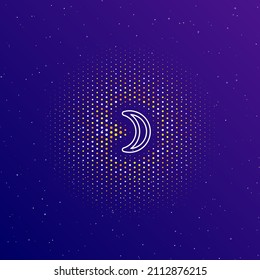 A large white contour moon astrological symbol in the center, surrounded by small dots. Dots of different colors in the shape of a ball. Vector illustration on dark blue gradient background with stars