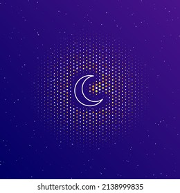 A large white contour moon symbol in the center, surrounded by small dots. Dots of different colors in the shape of a ball. Vector illustration on dark blue gradient background with stars