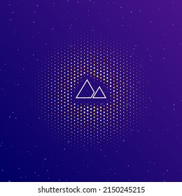 A large white contour mountains symbol in the center, surrounded by small dots. Dots of different colors in the shape of a ball. Vector illustration on dark blue gradient background with stars