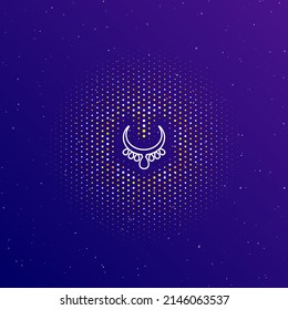 A large white contour necklace symbol in the center, surrounded by small dots. Dots of different colors in the shape of a ball. Vector illustration on dark blue gradient background with stars