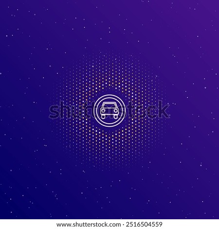 A large white contour no car sign in the center, surrounded by small dots. Dots of different colors in the shape of a ball. Vector illustration on dark blue gradient background with stars