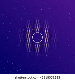 A large white contour nonagon symbol in the center, surrounded by small dots. Dots of different colors in the shape of a ball. Vector illustration on dark blue gradient background with stars