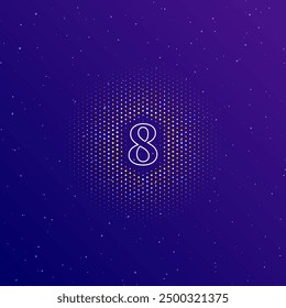A large white contour number eight symbol in the center, surrounded by small dots. Dots of different colors in the shape of a ball. Vector illustration on dark blue gradient background with stars