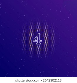 A large white contour number four symbol in the center, surrounded by small dots. Dots of different colors in the shape of a ball. Vector illustration on dark blue gradient background with stars