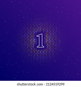En el centro, un gran contorno blanco con el símbolo número uno, rodeado de pequeños puntos. Puntos de diferentes colores en forma de bola. Ilustración vectorial sobre fondo de gradiente azul oscuro con estrellas