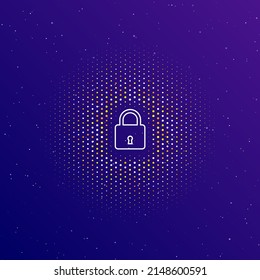 A large white contour padlock symbol in the center, surrounded by small dots. Dots of different colors in the shape of a ball. Vector illustration on dark blue gradient background with stars