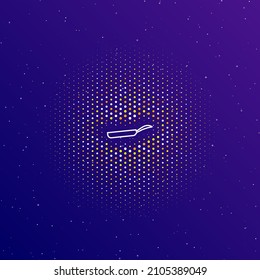 Un gran símbolo blanco de la sartén en el centro, rodeado de pequeños puntos. Puntos de diferentes colores en forma de bola. Ilustración vectorial sobre fondo de gradiente azul oscuro con estrellas