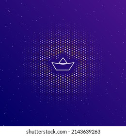 A large white contour paper boat symbol in the center, surrounded by small dots. Dots of different colors in the shape of a ball. Vector illustration on dark blue gradient background with stars