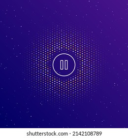 A large white contour pause symbol in the center, surrounded by small dots. Dots of different colors in the shape of a ball. Vector illustration on dark blue gradient background with stars