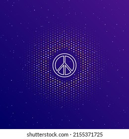 A large white contour peace symbol in the center, surrounded by small dots. Dots of different colors in the shape of a ball. Vector illustration on dark blue gradient background with stars