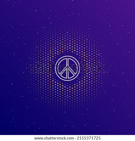 A large white contour peace symbol in the center, surrounded by small dots. Dots of different colors in the shape of a ball. Vector illustration on dark blue gradient background with stars