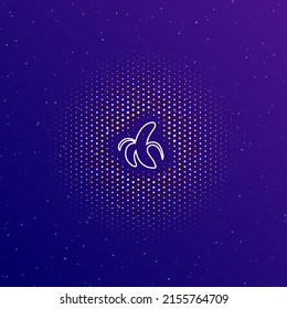 A large white contour peeled banana symbol in the center, surrounded by small dots. Dots of different colors in the shape of a ball. Vector illustration on dark blue gradient background with stars
