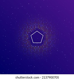 A large white contour pentagon symbol in the center, surrounded by small dots. Dots of different colors in the shape of a ball. Vector illustration on dark blue gradient background with stars