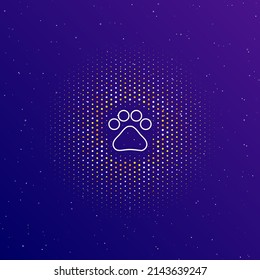 A large white contour pet symbol in the center, surrounded by small dots. Dots of different colors in the shape of a ball. Vector illustration on dark blue gradient background with stars