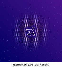 A large white contour plane symbol in the center, surrounded by small dots. Dots of different colors in the shape of a ball. Vector illustration on dark blue gradient background with stars