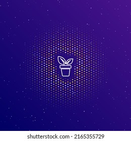 A large white contour plant in pot symbol in the center, surrounded by small dots. Dots of different colors in the shape of a ball. Vector illustration on dark blue gradient background with stars