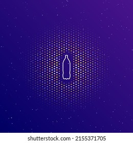 A large white contour plastic bottle symbol in the center, surrounded by small dots. Dots of different colors in the shape of a ball. Vector illustration on dark blue gradient background with stars