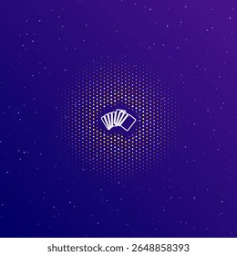 A large white contour playing cards symbol in the center, surrounded by small dots. Dots of different colors in the shape of a ball. Vector illustration on dark blue gradient background with stars