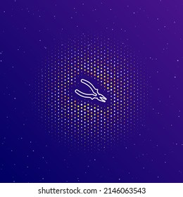 A large white contour pliers symbol in the center, surrounded by small dots. Dots of different colors in the shape of a ball. Vector illustration on dark blue gradient background with stars