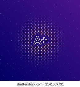 A large white contour A plus symbol in the center, surrounded by small dots. Dots of different colors in the shape of a ball. Vector illustration on dark blue gradient background with stars