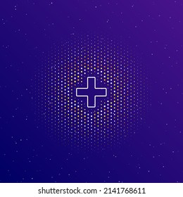A large white contour plus symbol in the center, surrounded by small dots. Dots of different colors in the shape of a ball. Vector illustration on dark blue gradient background with stars