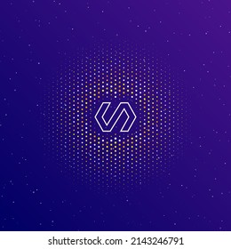 A large white contour polymer symbol in the center, surrounded by small dots. Dots of different colors in the shape of a ball. Vector illustration on dark blue gradient background with stars
