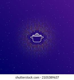 A large white contour pot symbol in the center, surrounded by small dots. Dots of different colors in the shape of a ball. Vector illustration on dark blue gradient background with stars