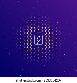 A large white contour power jar symbol in the center, surrounded by small dots. Dots of different colors in the shape of a ball. Vector illustration on dark blue gradient background with stars