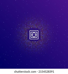 Un gran símbolo de toma de corriente de contorno blanco en el centro, rodeado de pequeños puntos. Puntos de diferentes colores en forma de bola. Ilustración vectorial sobre fondo de gradiente azul oscuro con estrellas