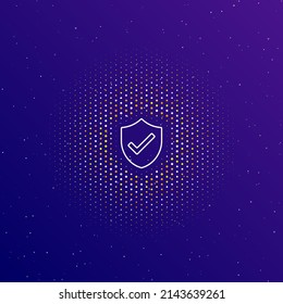 A large white contour protection mark symbol in the center, surrounded by small dots. Dots of different colors in the shape of a ball. Vector illustration on dark blue gradient background with stars