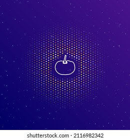 A large white contour pumpkin symbol in the center, surrounded by small dots. Dots of different colors in the shape of a ball. Vector illustration on dark blue gradient background with stars