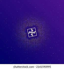 A large white contour puzzle symbol in the center, surrounded by small dots. Dots of different colors in the shape of a ball. Vector illustration on dark blue gradient background with stars