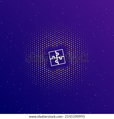 A large white contour puzzle symbol in the center, surrounded by small dots. Dots of different colors in the shape of a ball. Vector illustration on dark blue gradient background with stars