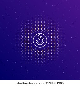 A large white contour replay media symbol in the center, surrounded by small dots. Dots of different colors in the shape of a ball. Vector illustration on dark blue gradient background with stars