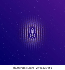 A large white contour rocket in the center, surrounded by small dots. Dots of different colors in the shape of a ball. Vector illustration on dark blue gradient background with stars