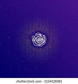 A large white contour rose in the center, surrounded by small dots. Dots of different colors in the shape of a ball. Vector illustration on dark blue gradient background with stars