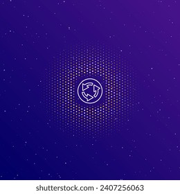 A large white contour roundabout sign in the center, surrounded by small dots. Dots of different colors in the shape of a ball. Vector illustration on dark blue gradient background with stars