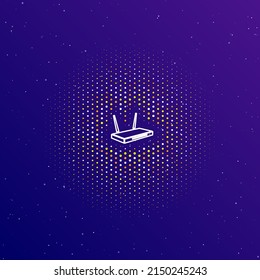 A large white contour router symbol in the center, surrounded by small dots. Dots of different colors in the shape of a ball. Vector illustration on dark blue gradient background with stars
