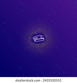 A large white contour sanding symbol in the center, surrounded by small dots. Dots of different colors in the shape of a ball. Vector illustration on dark blue gradient background with stars