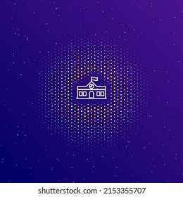 A large white contour school building symbol in the center, surrounded by small dots. Dots of different colors in the shape of a ball. Vector illustration on dark blue gradient background with stars
