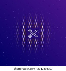 Eine große weiße Kontur-Schere Symbol in der Mitte, umgeben von kleinen Punkten. Punkte verschiedener Farben in Form eines Balles. Vektorgrafik auf dunkelblauem Farbverlauf-Hintergrund mit Sternen