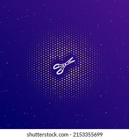 A large white contour scissors symbol in the center, surrounded by small dots. Dots of different colors in the shape of a ball. Vector illustration on dark blue gradient background with stars