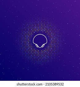 A large white contour sea shell symbol in the center, surrounded by small dots. Dots of different colors in the shape of a ball. Vector illustration on dark blue gradient background with stars